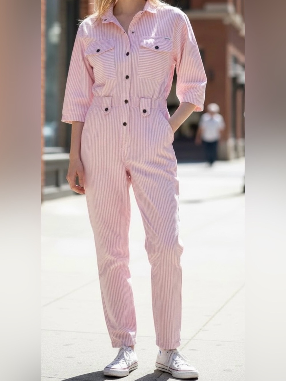 Vintage 80’s Dreams Short Sleeve Pink Cotton Jumpsuit with Snap Buttons